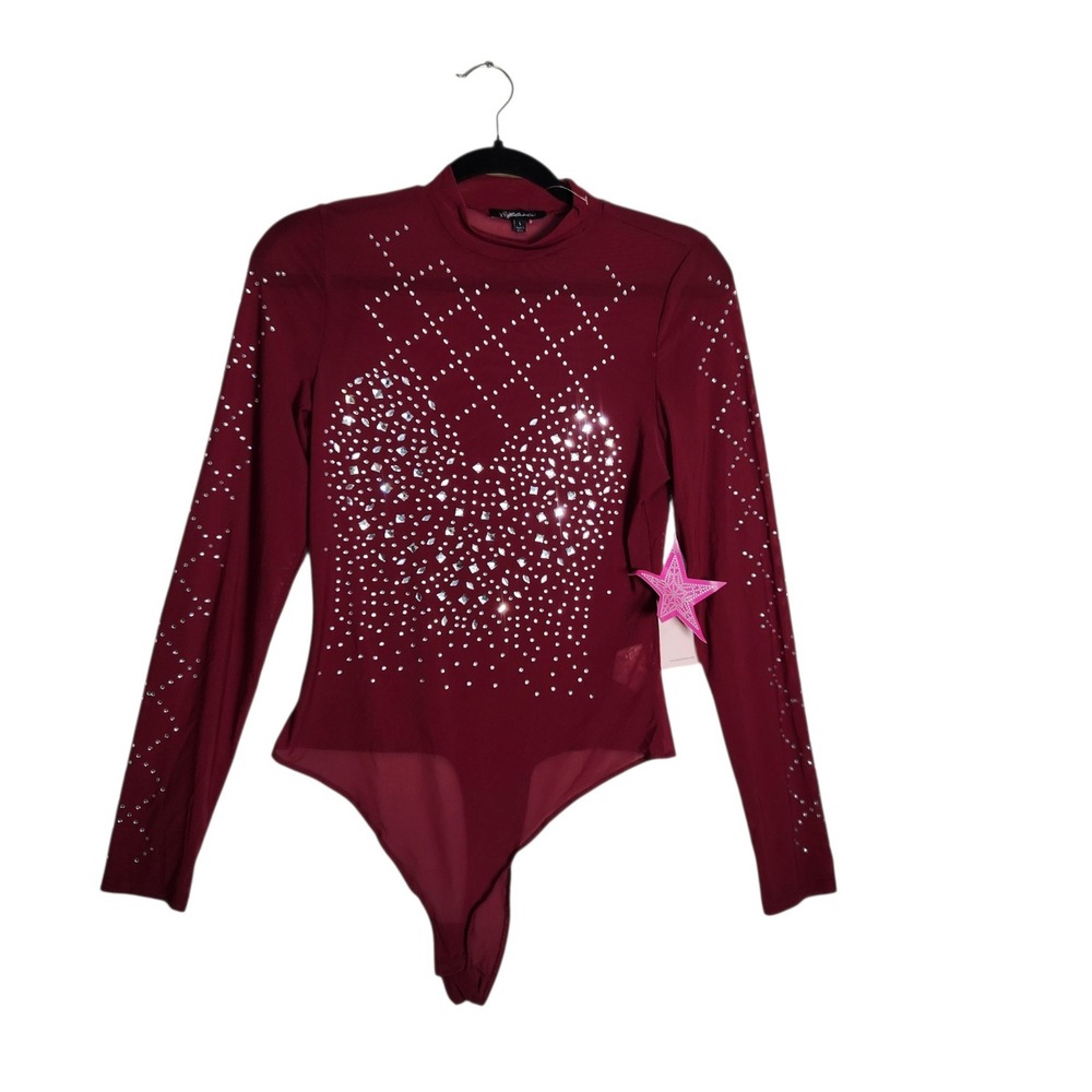 Blashe Burgundy Rhinestone Mesh Mock Neck Long Sleeve Bodysuit BT02185 Large